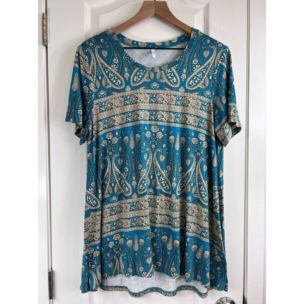 Popyoung Women's Short Sleeve Swing Tunic Top Turquoise Tan Print Size XL